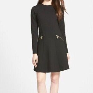 LIKE NEW Michael Kors Black A-Line Long Sleeve Dress Gold Zippers Business Work